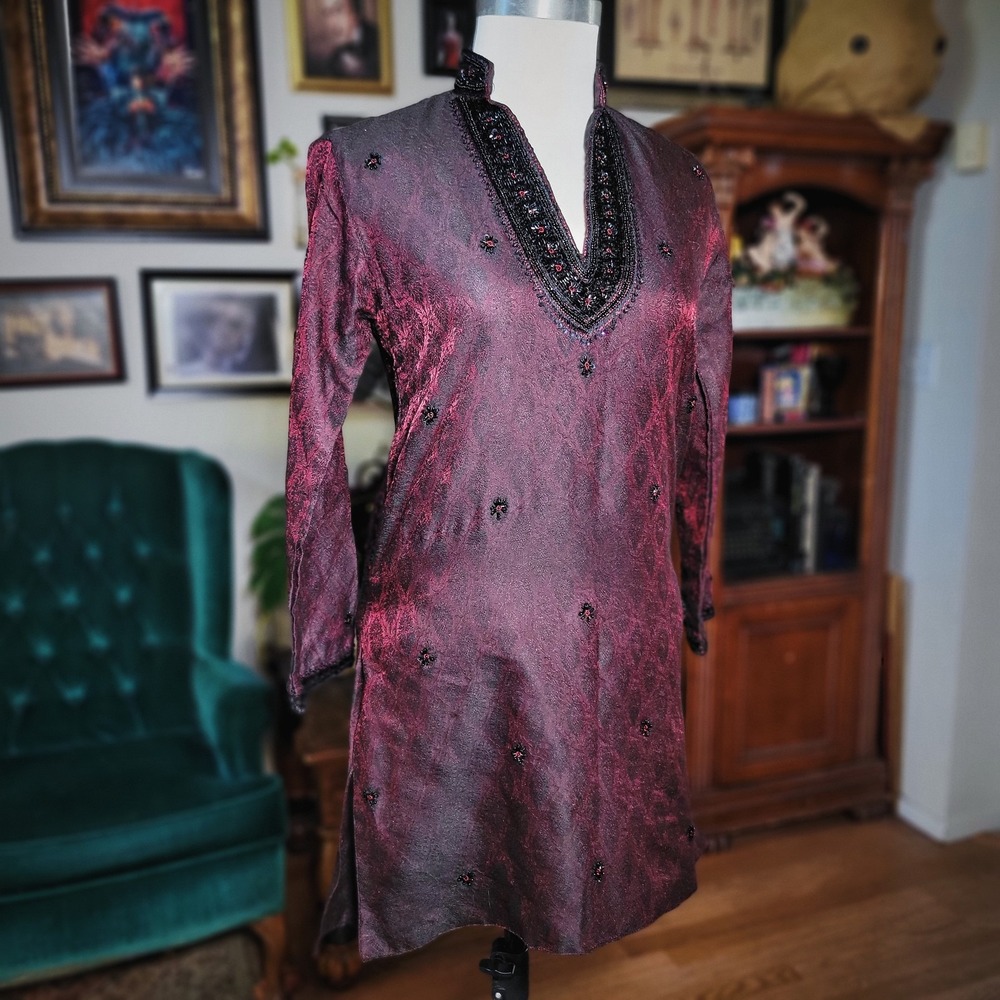 Manyavar Maroon Beaded Kurta Tunic Top Mens Small Embroidered Boho Gothic Ethnic